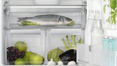 Grande plano de um frigorífico Electrolux FreshPlus com alimentos em todas as prateleiras