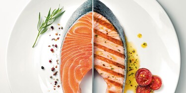 Filete de salmão fresco antes e depois de ser cozinhado